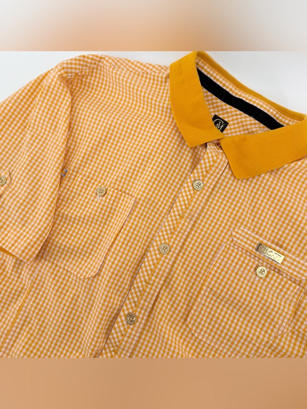 Cavi Men 4XL Shirt Short Sleeve Orange White Gingham Plaid Urban Streetwear Flaw